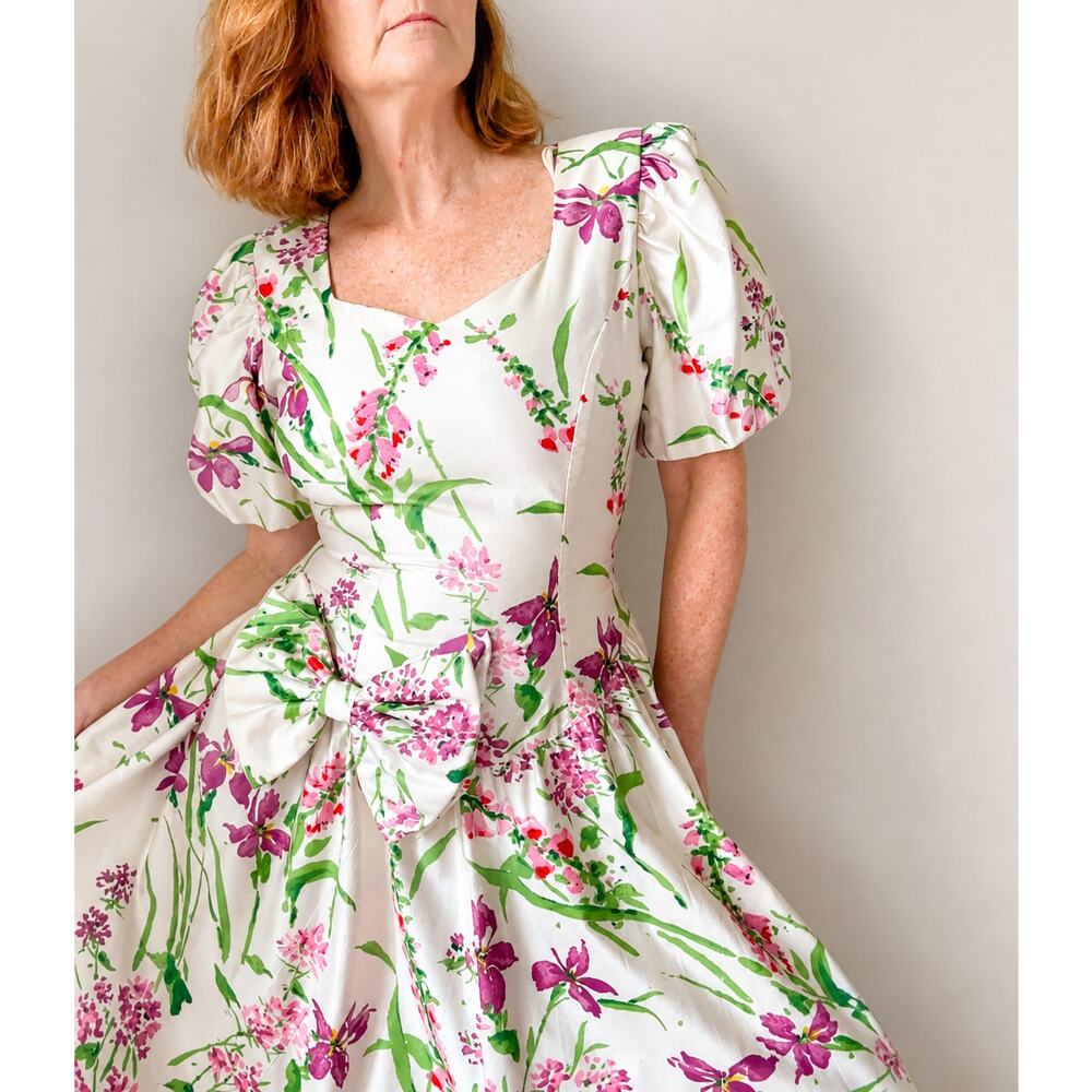 VTG 90s Floral Tea Dress SZ M Cotton Southern Belle Bow Pockets Cottagecore Midi